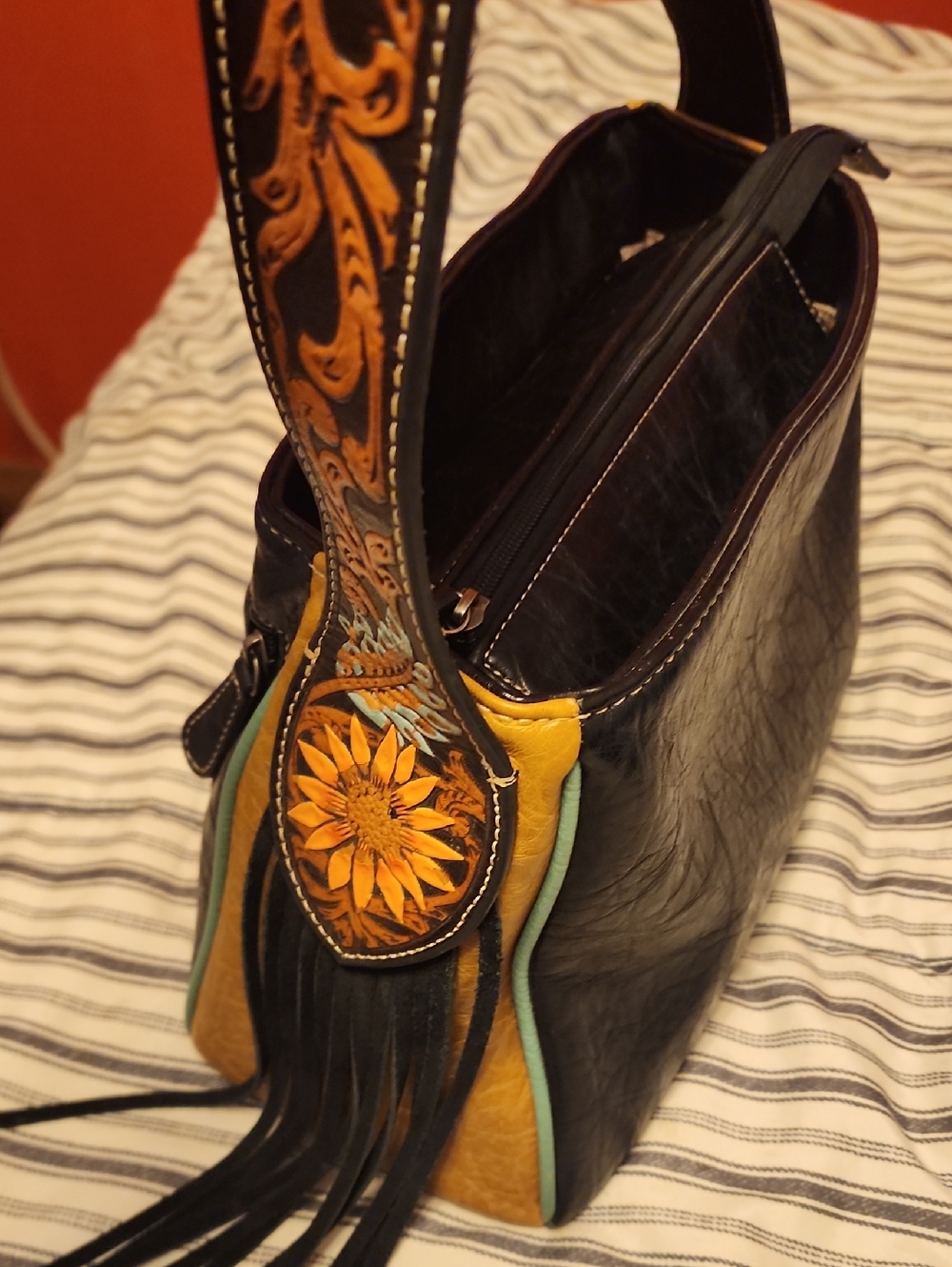 NOCONA Concealed Carry Handcrafted Black and Mustard Floral Leather PURSE
